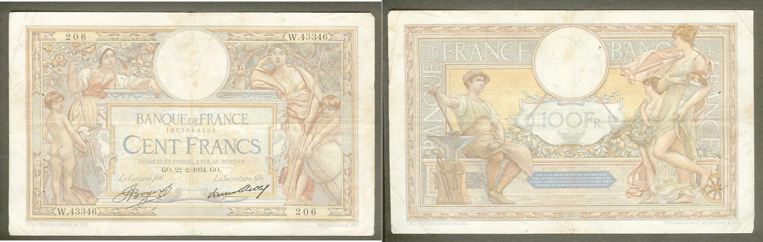 100 Francs LUC OLIVIER MERSON grands cartouches FRANCE 22.2.1934